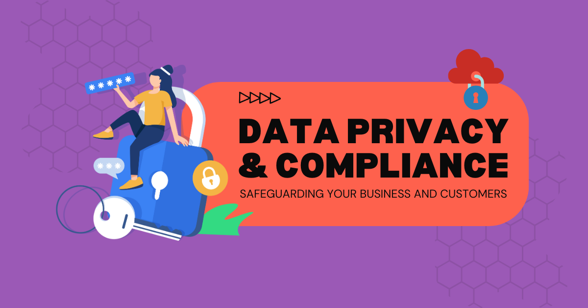 Illustration depicting data privacy and compliance with a woman entering a password into a secure lock, a key, and a locked cloud.