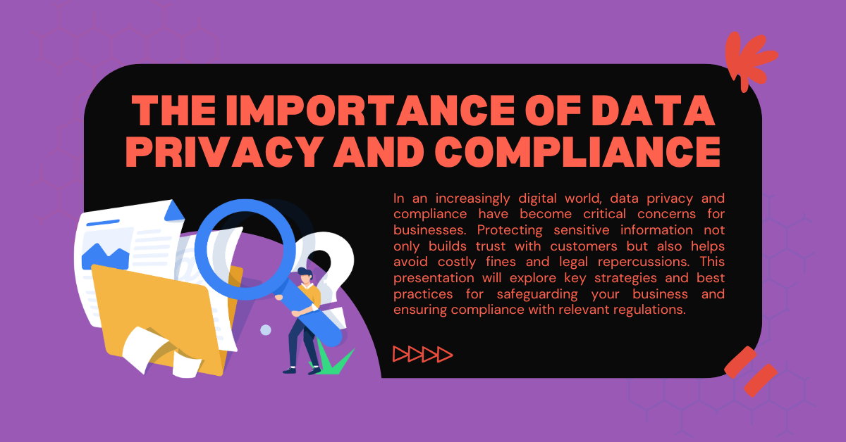 Illustration highlighting the importance of data privacy and compliance with a magnifying glass examining documents and a question mark.