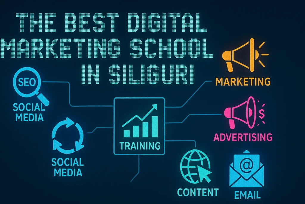 An advertisement for the "Best Digital Marketing School in Siliguri," showing icons for training, SEO, social media, marketing, advertising, email, and content.