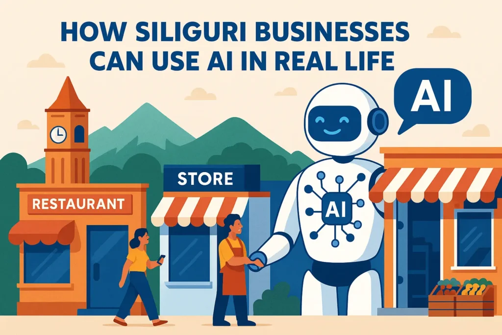 An illustration depicting a friendly AI robot on a street in Siliguri, interacting with local business owners in front of their restaurant and store. The main text reads: "How Siliguri Businesses Can Use AI in Real Life.