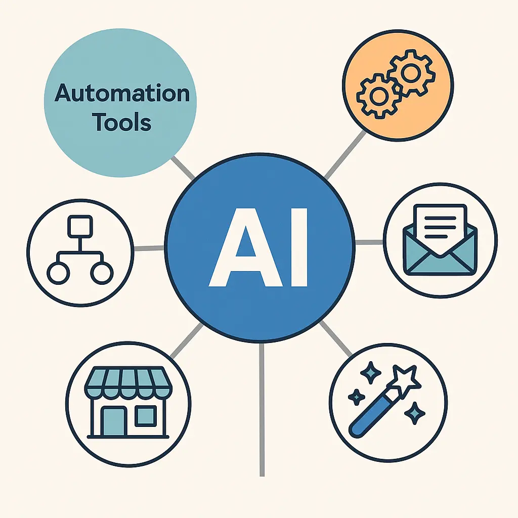 A diagram with a central circle labeled "AI" connected to five surrounding circles. These circles contain icons representing automation tools, workflows (gears), communication (email), local business (storefront), creative tasks (magic wand), and organizational structure.