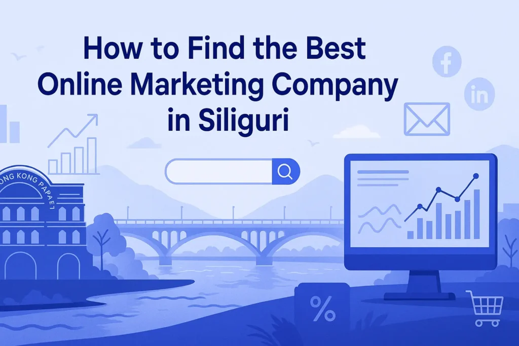 A clean and modern blog header image with the title "How to Find the Best Online Marketing Company in Siliguri" over a blue and grey illustration of Siliguri landmarks like Hong Kong Market and Mahananda River, integrated with digital marketing icons like graphs, search bars, email, and social media symbols.