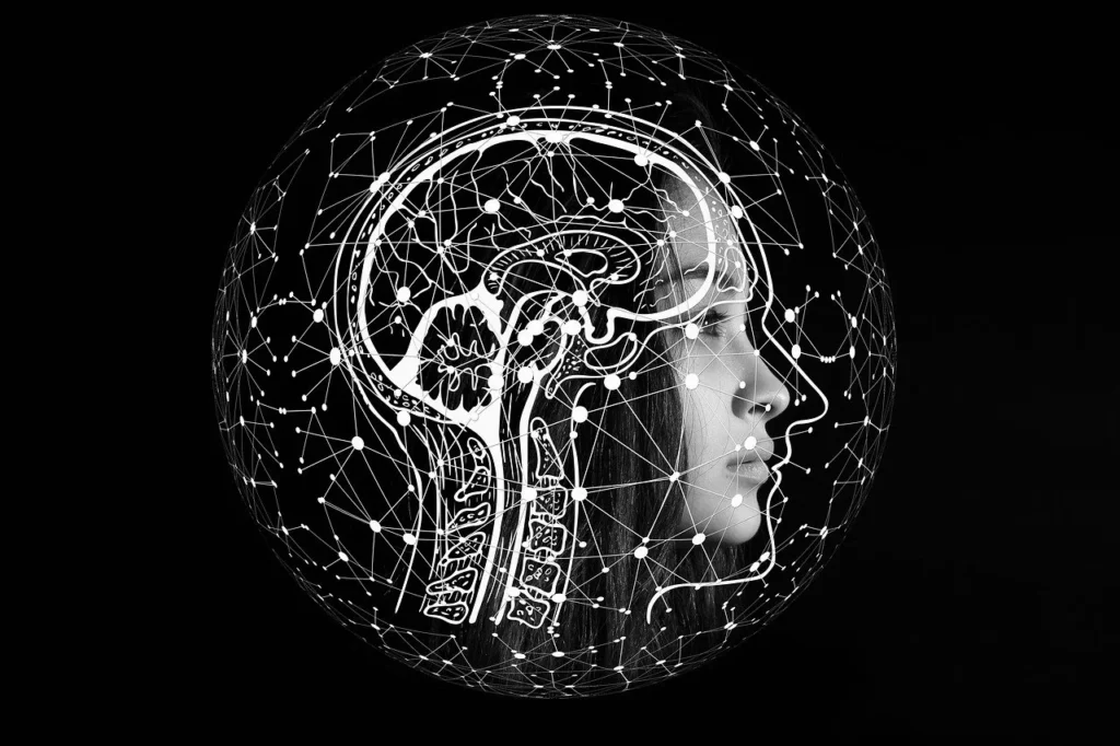 A black and white image depicting a person's profile overlaid with a detailed diagram of the human brain. This composite image is enclosed within a sphere made of a digital network of interconnected nodes and lines, symbolizing the connection between human intelligence and artificial intelligence. AI personalization for local businesses