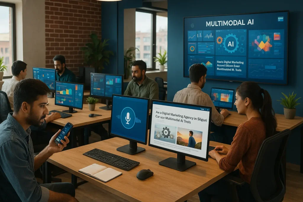 Team members at a modern digital marketing agency in Siliguri, India, using computers with AI dashboards and multimodal AI tools for marketing tasks.