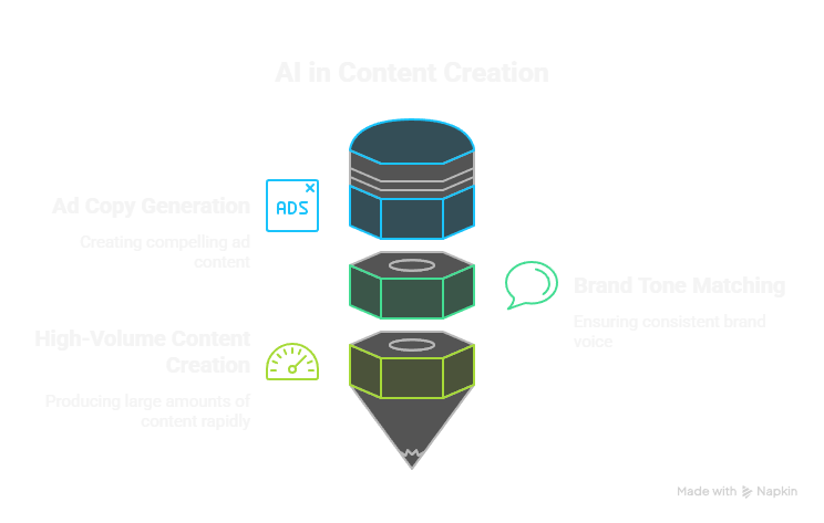 An infographic titled "AI in Content Creation" showing a stylized pencil. It highlights three AI capabilities: Ad Copy Generation, Brand Tone Matching, and High-Volume Content Creation, with descriptive icons for each.