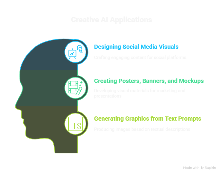 An infographic titled "Creative AI Applications" with the silhouette of a human head. It lists three applications with icons: Designing Social Media Visuals, Creating Posters, Banners, and Mockups, and Generating Graphics from Text Prompts.