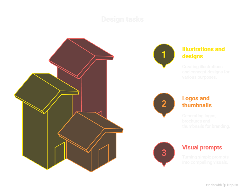  An infographic titled "Design tasks" with an isometric illustration of three houses. It lists three numbered design tasks AI can perform: Illustrations and designs, Logos and thumbnails, and Visual prompts.