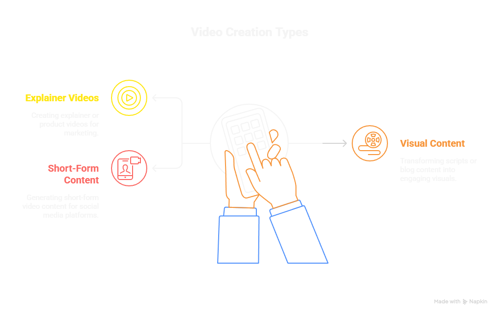 An infographic titled "Video Creation Types" with a central graphic of hands holding a smartphone. It shows how AI can create "Explainer Videos" and "Short-Form Content," and transform scripts into "Visual Content."