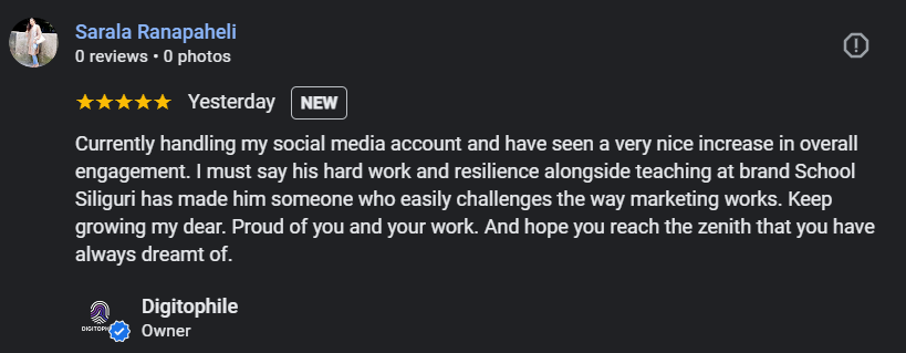 A 5-star Google review for Digitophile from Sarala Ranapaheli, praising their social media management and work ethic.