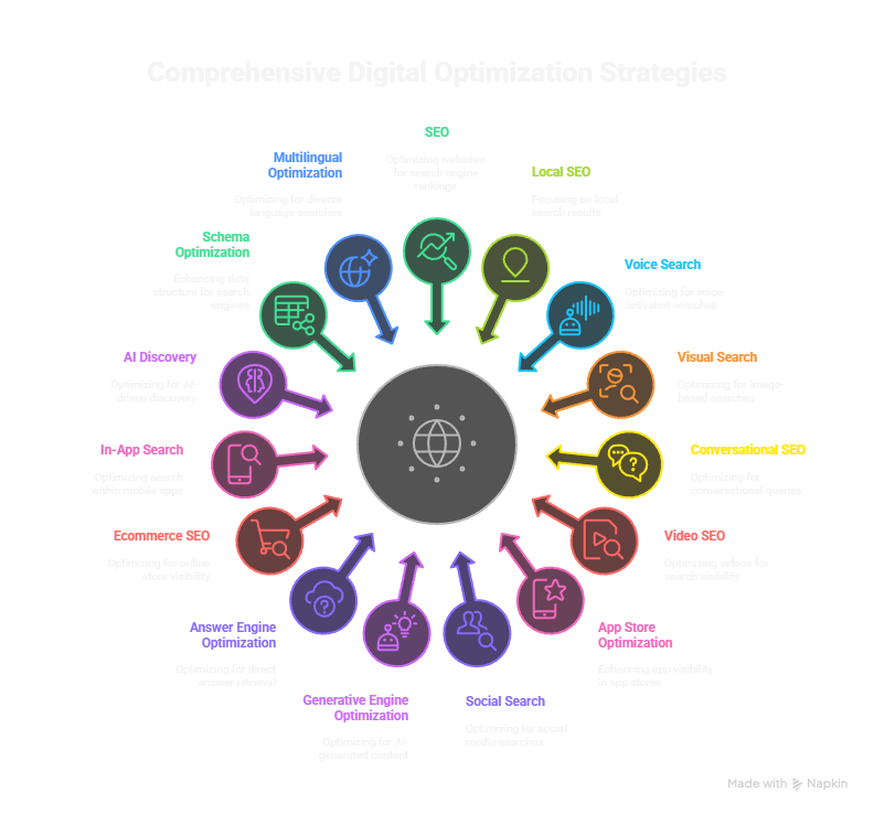 Infographic mind map showing 15 comprehensive digital optimization strategies, including SEO, Voice Search, Local SEO, and AI Discovery.