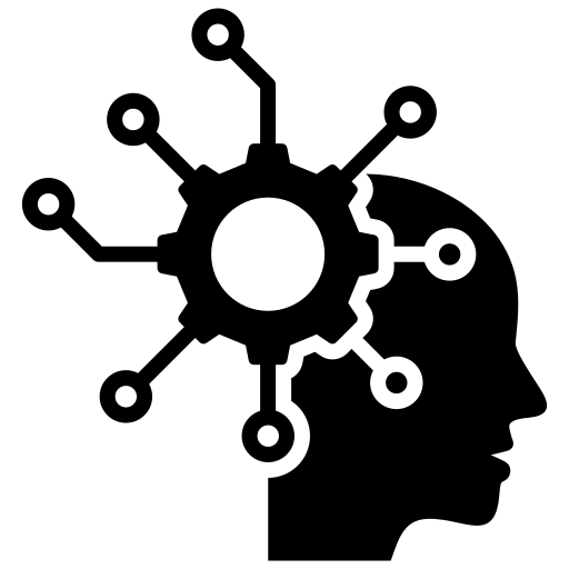 Head with gear icon representing AI marketing strategy and automation.