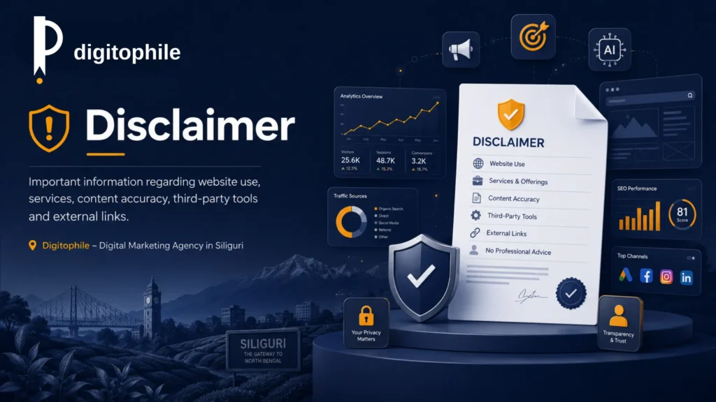 Digitophile website disclaimer banner featuring analytics dashboards, security shields, and a local landscape, representing the best digital marketing and graphic design agency in Siliguri.